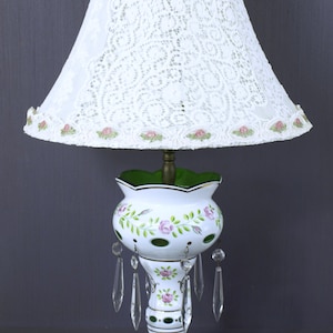 Mid Century Vintage Czech Bohemian Glass Lamp, White Cased Green Glass w/ Crystal  Drops & Custom Made Lamp Shade - VG Working condition