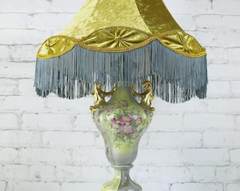 Antike Victorian Porzellan Lampe: Benutzerdefinierte Samt Taft Schirm, Gold Vergoldete Akzente