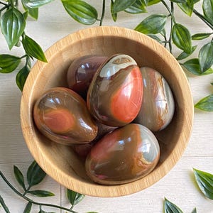 May include: A wooden bowl filled with polished, egg-shaped stones. The stones display a mix of colors, including brown, red, and gray, with a glossy finish. Green leafy vines surround the bowl, creating a natural aesthetic.