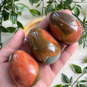 May include: Three polished gemstone eggs in shades of brown, orange, and gray are held in a hand. The eggs have a smooth, glossy finish and a natural, marbled appearance. The background includes green foliage.