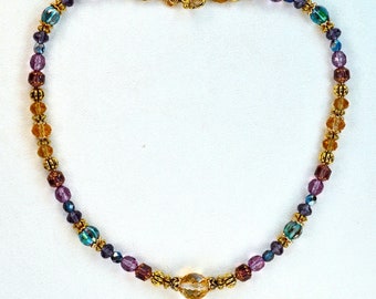 The Celestial Sunset Necklace – rainbow-themed necklace, 19" boho beaded, purple blue aqua gold, music keepsake, fangift, one of a kind