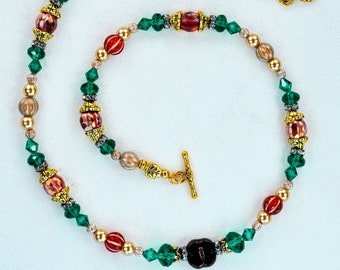 The Red Envelope Necklace - new years red, emerald green gold boho folk art necklace, one of a kind, 20.5" long lovebeads beaded necklace