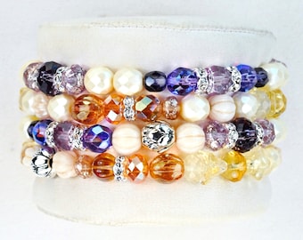 The Pressed Flowers Bracelet - 4 stack boho bracelet set, lavender, yellow, cream beaded artisan one of a kind, spring-summer jewelry