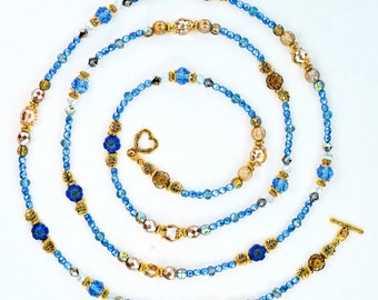 The Golden Horizon Lovebeads - 26" two strand boho beaded necklace, nostalgia, keepsake, blue and gold, atisan handmade, one of a kind