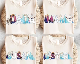 Transferencias DTF con nombre personalizado de Frozen de Disney, listas para imprimir, transferencia de Elsa, Anna y Olaf, lindas transferencias DTF de Disney, transferencia de vacaciones familiares de Disney