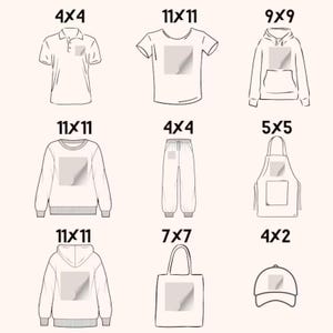 May include: Line drawings of clothing items: polo shirt, t-shirt, hoodie, sweatshirt, sweatpants, apron, tote bag, and baseball cap. Each item has a blank square for design placement, with dimensions in cm.