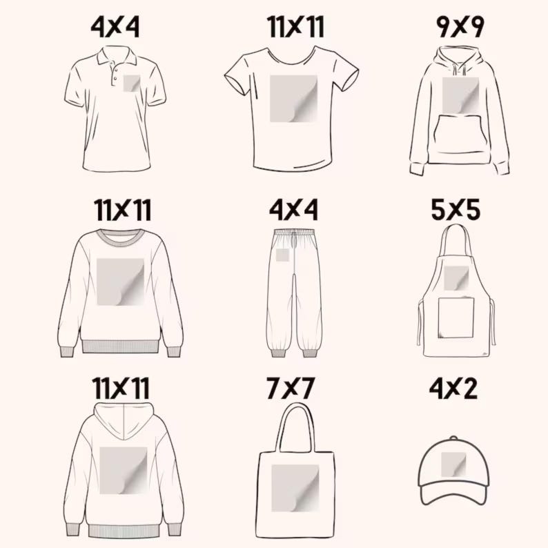 May include: Line drawings of clothing items: polo shirt, t-shirt, hoodie, sweatshirt, sweatpants, apron, tote bag, and baseball cap. Each item has a blank square for design placement, with dimensions in cm.