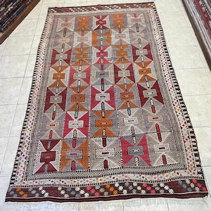 Vintage Turkish Cicim Kilim Rug – 60-70 Years Old Handwoven Wool Rug – Bohemian Anatolian Tribal Carpet – 5x8 ft – Çanakkale Kilim