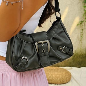 Y2k Trendy Vintage Leather Shoulder Bag with Silver Buckle