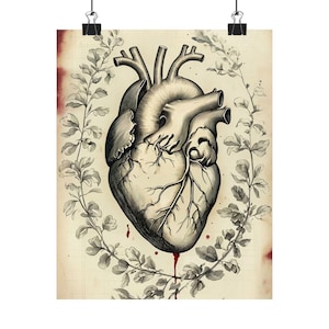 Matte Heart Artwork Poster, Vintage Decor, Gothic Wall Art, Gift for Art Lovers, Medical Illustration, Gothic Home Decor, Creepy