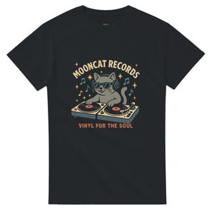 Camiseta Mooncat Records – Camiseta retrô DJ Cat, camiseta vintage de vinil com desenho animado