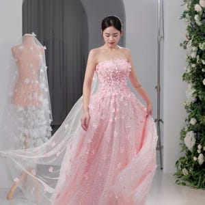 Blush Pink 3D Floral Strapless Gown | Sparkly Tulle Evening Dress| Romantic Wedding or Prom Dress | Boho Flower Wedding Dress | Bridal Dress