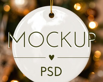 Mockup di ornamento natalizio PSD, Mockup di ornamento circolare in ceramica, Mockup di ornamento festivo, Oggetto avanzato di Photoshop