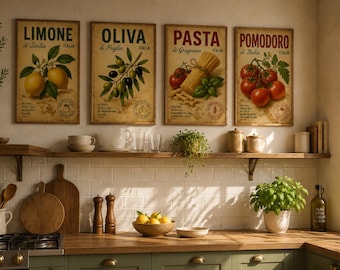 Italian Kitchen Wall Art Set of 4, Printable Nonna Decor, Vintage Food Poster, Rustic Lemon Pasta Print, Farmhouse Kitchen Digital Download