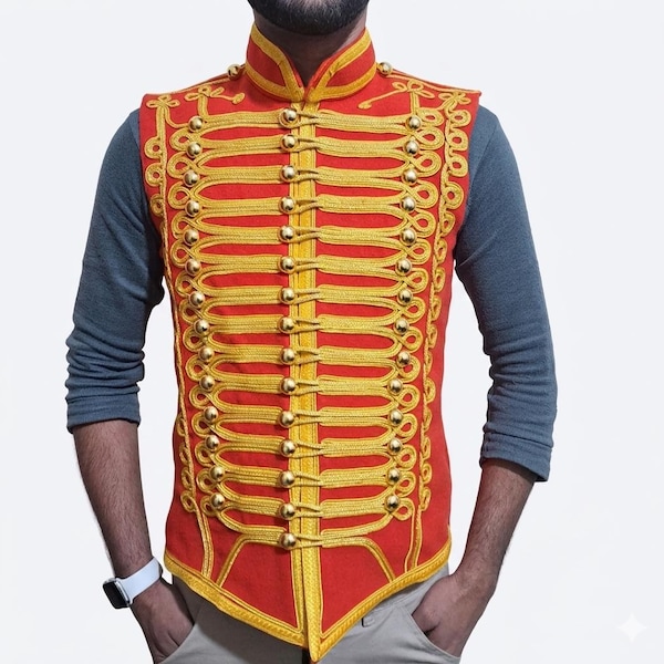 Chaleco de húsares rojos hecho a mano: chaleco militar trenzado en oro - estilo napoleónico trenzado en oro