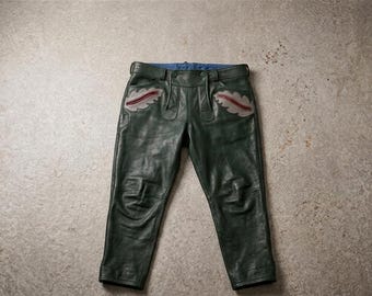 Nuevos pantalones de cuero alemanes auténticos hechos a mano para hombre: cuero verde.