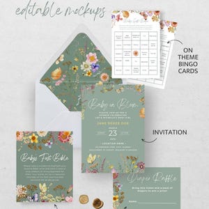 May include: A mockup of baby shower invitations and themed cards. The design features floral and butterfly illustrations in shades of green, pink, and yellow. Includes an invitation, bingo cards, themed signs, and a diaper raffle ticket.
