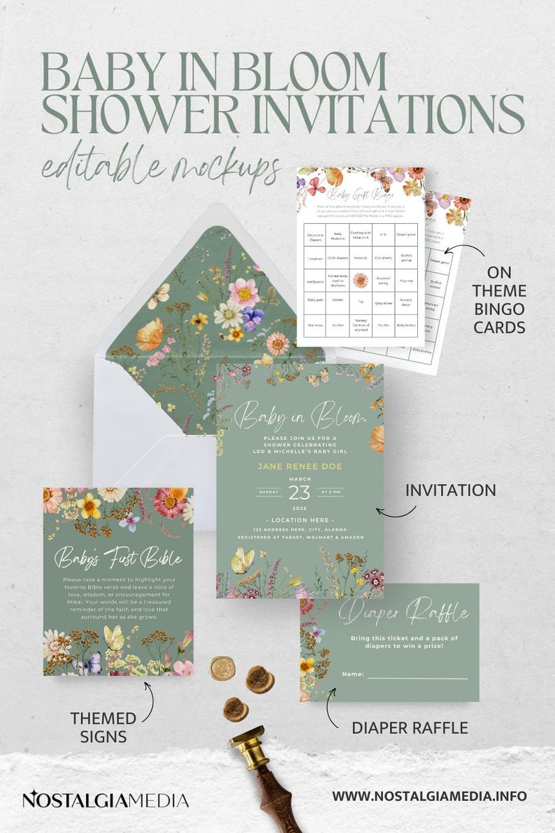 May include: A mockup of baby shower invitations and themed cards. The design features floral and butterfly illustrations in shades of green, pink, and yellow. Includes an invitation, bingo cards, themed signs, and a diaper raffle ticket.