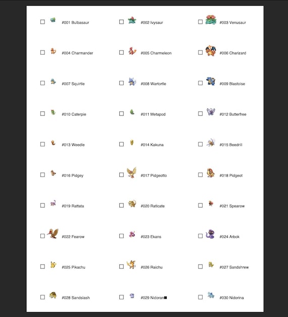 Number List Of All Pokemon