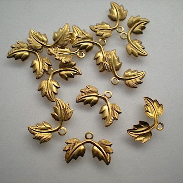 12 tiny brass double leaf charms ZD363