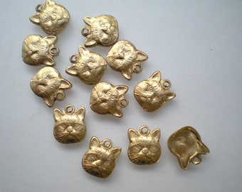 12 tiny brass cute cat face charms ZE191