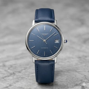 May include: A silver-toned wristwatch with a navy blue dial and matching leather band. The watch face displays the date and the word "AUTOMATIC". The watch has a classic design.