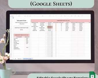 Seguimiento de suscripciones (Hojas de cálculo de Google) / Seguimiento de facturas recurrentes / Totales mensuales y anuales / Descarga digital / Plantilla editable