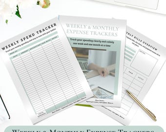 Puede incluir: Tres rastreadores de gastos en PDF imprimibles: un rastreador de gastos semanal, un rastreador de gastos semanal y mensual, y una descripción general de facturas mensuales. Los rastreadores tienen un fondo blanco con detalles y texto en verde claro. Un bolígrafo dorado descansa a la derecha.