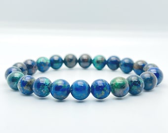 Pulsera de azurita y malaquita natural / Cuentas de gemas azul verdosas auténticas de 8 mm / Cristal curativo para el tercer ojo / Regalo espiritual para ella