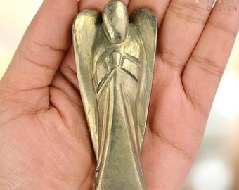 Pyrite Crystal Angel Figurine, 3 Inch Hand-Carved Guardian Angel, Wealth Protection Stone Decor