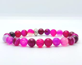 Pink Stripe Agate Beaded Bracelet | 8mm Gemstone Healing Jewelry