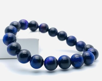 Bracciale con occhio di tigre blu / Bracciale con perle di cristallo naturale occhio di tigre da 8 mm / Regalo protettivo e curativo per lui e per lei / Gioielli con pietre preziose