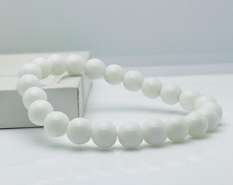 White Agate Bead Bracelet, 8mm Gemstone Stretch Jewelry, Peace Healing Gift