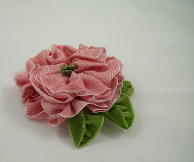 Shimmery Pink Ribbon Flower Pin Brooch with Velvet Leaves Etsy