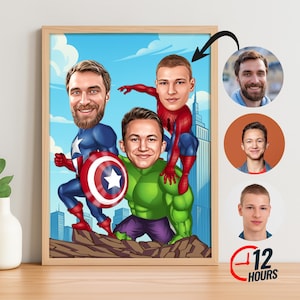 Custom Dad and Two Son Superhero Cartoon Portrait, Custom Superhero Caricature Portrait, Gift for Dad, Super Dad, Superhero Kids Photo