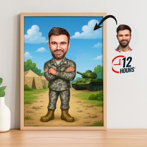 Custom Male Soldier Cartoon Portrait, Army Caricature Drawing, Military Gift for Him, Custom Uniform Art, Soldier Tribute, Soldier Cartoon