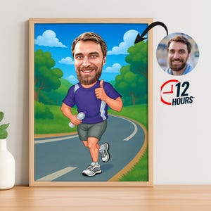 Custom Runner Cartoon Portrait, Personalised Runner Caricature, Marathon Runner Gift, Funny Runing Drawing, Gift for Runner, Sprint Cartoon