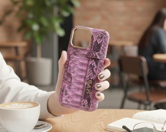 Leather Phone Case with Card Holder & Hand Strap: Personalized Genuine Python,  Pink İphone Phonecase