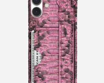 Personalized Genuine Python Leather Phone Case with Card Holder & Hand Strap, Pink İphone Phonecase