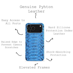 May include: A blue snakeskin-patterned phone case. It has raised edges for camera protection, easy port access, and shock absorption. The case is made of genuine python leather with hard silicone protection. The text says 'Genuine Python Leather'.