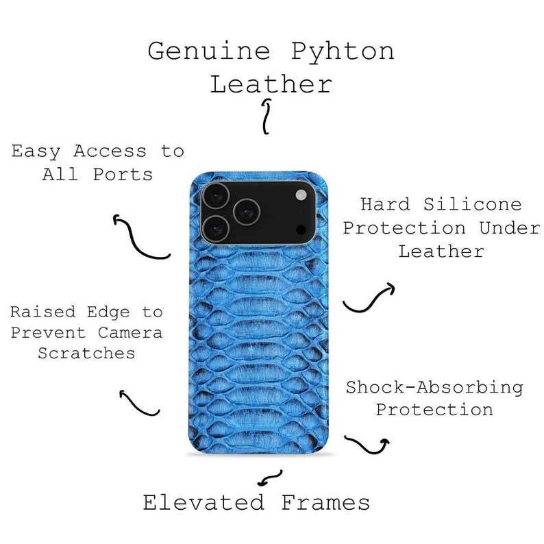May include: A blue snakeskin-patterned phone case. It has raised edges for camera protection, easy port access, and shock absorption. The case is made of genuine python leather with hard silicone protection. The text says 'Genuine Python Leather'.