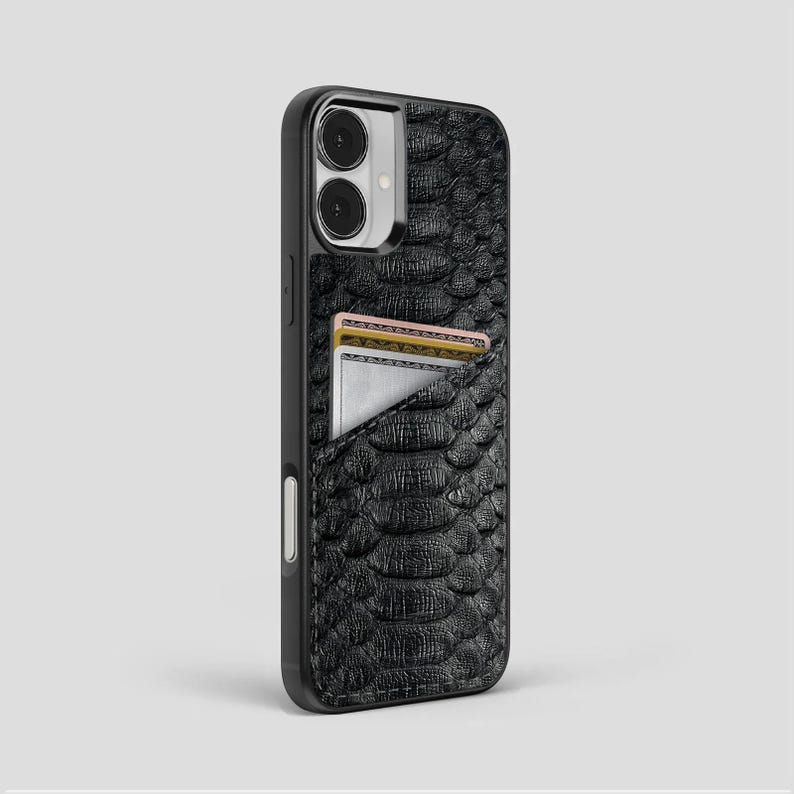 Personalized Python Leather iPhone Case: Black, with Card Holder & Hand Strap image 5