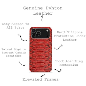 May include: A red and black phone case with a snakeskin pattern. The case features a raised edge to prevent camera scratches, easy access to all ports, and shock-absorbing protection. The case is made of genuine python leather.