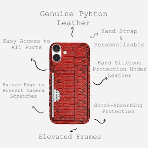 May include: Red leather phone case with a snake-skin texture. Features include a card slot, hand strap, and raised edges. The case has easy access to all ports and shock-absorbing protection. The text on the case reads "Genuine Python Leather".