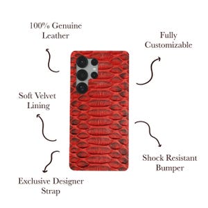 May include: A red and black phone case with a snakeskin pattern. The case is made of 100% genuine leather and has a soft velvet lining. Features include a shock-resistant bumper and an exclusive designer strap. The case is fully customizable.