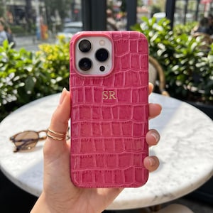 Personalized Croco İphone 18 Pro Max Phone Case - Embossed Crocodile Fuchsia Leather Phone Case, Genuine Handmade Cover for iPhone, Samsung