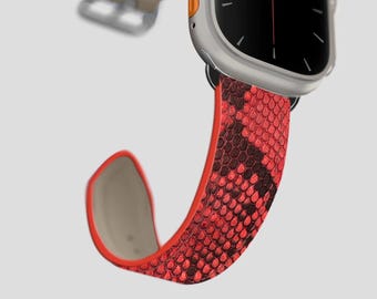 Leather Apple Watch Band: Custom Initials Available, Genuine Python, Handmade Exotic Strap iWatch, Red