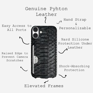 May include: Black leather phone case with a textured snake-skin pattern. Features include a hand strap, raised edges, and easy access to ports. The case has hard silicone protection under the leather and shock-absorbing protection.