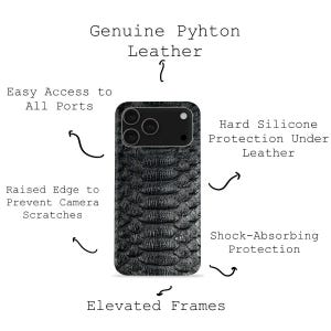 May include: A black phone case with a snakeskin pattern. The case has a raised edge to prevent camera scratches and elevated frames. The text on the case says "Genuine Python Leather", "Easy Access to All Ports", and "Hard Silicone Protection Under Leather".