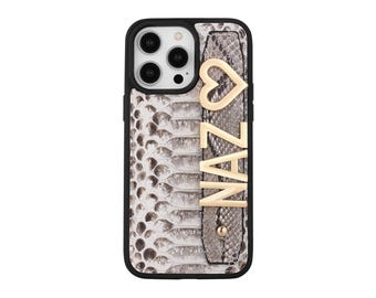Personalized Python Leather iPhone Case | Gold Initial Charm Hand Strap
